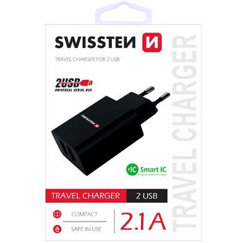 SWISSTEN punjač za AC220, 2xUSB, 2.1A, SMART IC, crni