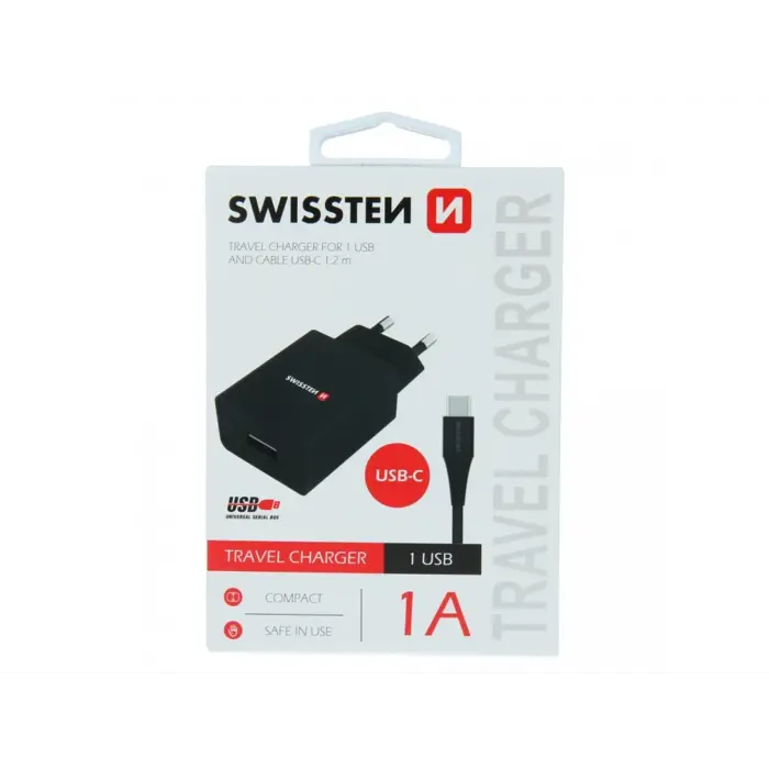 SWISSTEN punjač za AC220, GaN, 1xUSB-C, 1A, crni + USB-C kabel