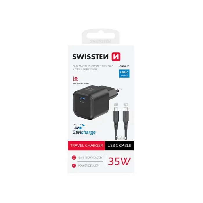 SWISSTEN punjač za AC220, GaN, 1xUSB-C, 1xUSB-A, 1A, crni