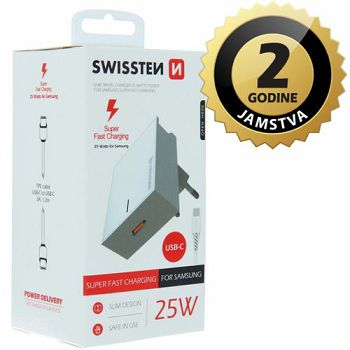 SWISSTEN punjač za AC220, Super Fast za Samsung, 25W, kabel USB-C/USB-C, bijeli