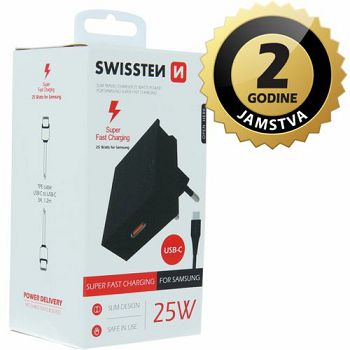 SWISSTEN punjač za AC220, Super Fast za Samsung, 25W, kabel USB-C/USB-C, crni