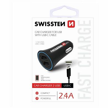 SWISSTEN punjač za auto, 2xUSB, 2.4A, crni + kabel za punjenje USB - USB-C