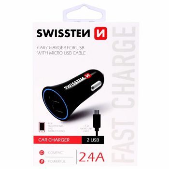SWISSTEN punjač za auto, 2xUSB, 2.4A, crni + kabel za punjenje USB - microUSB