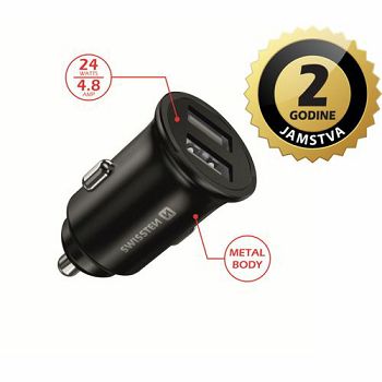 SWISSTEN punjač za auto, 2xUSB, 4.8A, 12-24V, metalic, crni