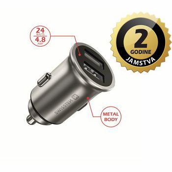 SWISSTEN punjač za auto, 2xUSB, 4.8A, 12-24V, metalic, srebrni