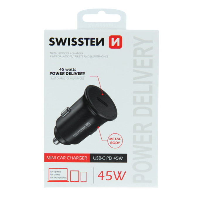 SWISSTEN punjač za auto, 2xUSB-C, brzi, 45W, crni