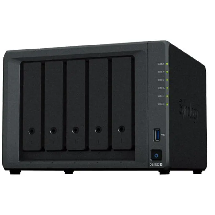 Synology DiskStation DS1522+,Tower, 5-Bay 3.5 SATA HDD/SSD,2 x M.2 2280 NVMe SSD, CPU AMD Ryzen™ R1600 dual-core (4-thread) 2.6 GHz, max. boost clock up to 3.1 GHz, 8GB DDR4 ECC SODIMM, 4 x 1Gbe, 2x