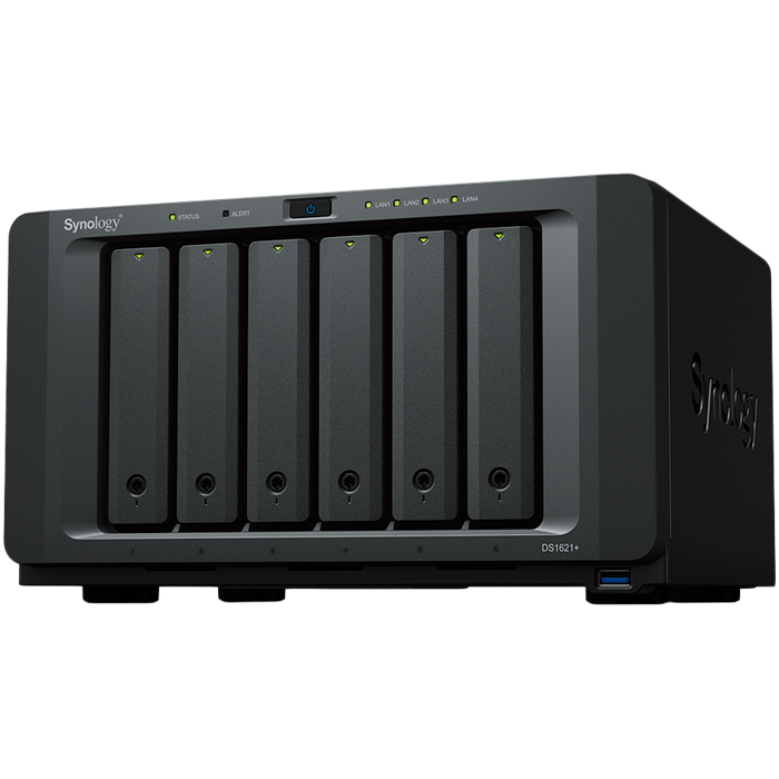 Synology DiskStation DS1621+,Tower,6-Bay 3.5 SATA HDD/SSD, 2 x M.2 2280 NVMe SSD, CPU AMD Ryzen Quad-Core 2.2 GHz, 4 GB DDR4, 4 x RJ-45 1 GbE LAN, 3 x USB 3.0, 2 x eSATA (Expandable to 16 Bays with 
