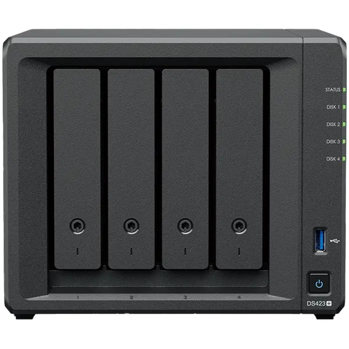 Synology DS423+, Tower, 4-Bays 3.5 SATA HDD/SSD, 2 x M.2 2280 NVMe SSD, CPU Intel Celeron J4125 4-core (4-thread) 2.0 GHz, max. boost up to 2.7 GHz, 2 GB DDR4 ECC SODIMM, 2 x 1GbE RJ-45, 2 X USB 3.2