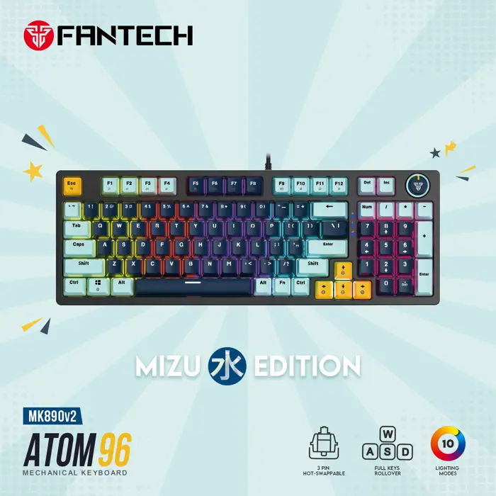 TIPKOVNICA GAMING ŽIČNA MEHANIČKA FANTECH ATOM 96 RED SW. MK890V2 SKY BLUE 
