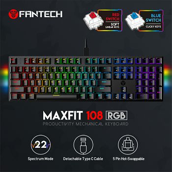 TIPKOVNICA GAMING ŽIČNA MEHANIČKA FANTECH MAX FIT 108 R.S. MK855RGB CRNA