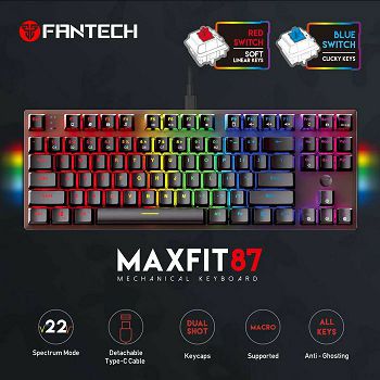 TIPKOVNICA GAMING ŽIČNA MEHANIČKA FANTECH MAX FIT 87 RED SW. MK856 CRNA