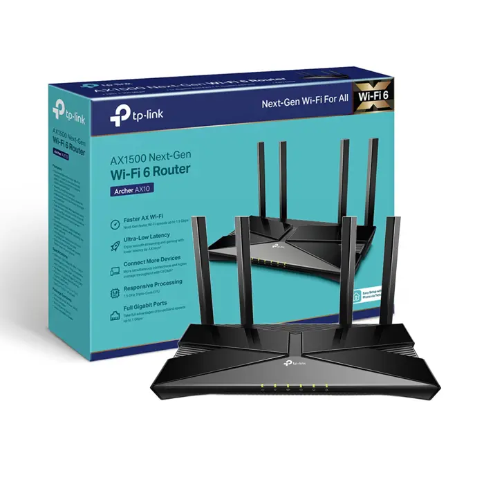 TP-Link AX1500 Wi-Fi 6 Router; 5 GHz: 1201 Mbps (802.11ax)2.4 GHz: 300 Mbps (802.11n); 1× Gigabit WAN Port + 3× Gigabit LAN Ports; WPS/Reset Button; Four Ext. Antennas; Ext. Power Supply: 12V/1A; OFDM