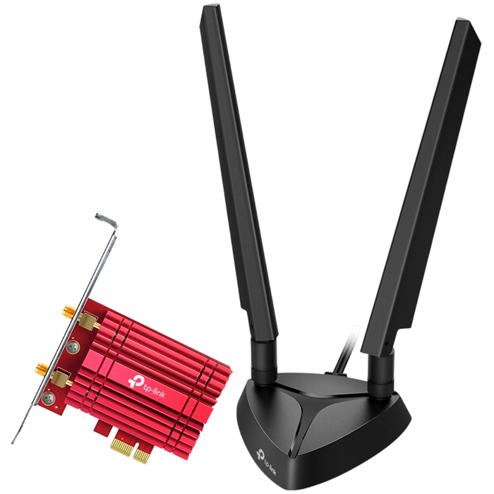 TP-LINK AXE5400 Wi-Fi 6E Bluetooth 5.3 PCIe Adapter, up to 2402 Mbps (6 GHz) + 2402 Mbps (5 GHz) + 574 Mbps (2.4 GHz), IEEE 802.11a/b/g/n/ac/ax, 2× High-Gain Tri-Band Antennas