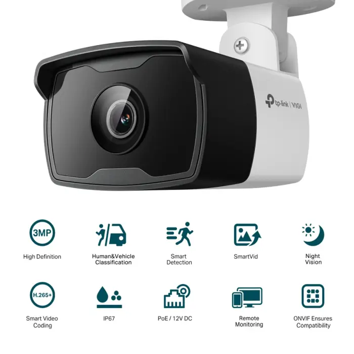 TP-Link vanjska IP Bullet 3MP (2304 × 1296) H.265+ video, 3MP,6 mm leća, RJ45,Night Vision, detekcija pokreta, vodootporna IP67, VIGI App