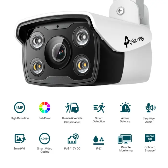 TP-Link VIGI C340 Full color kamera 2K 4MP, H.265+, 2.8mm leća, RJ45, PoE/12V DC, Night Vision, microSD, dvosmjerni audio, detekcija pokreta, vodootporna IP67, VIGI app