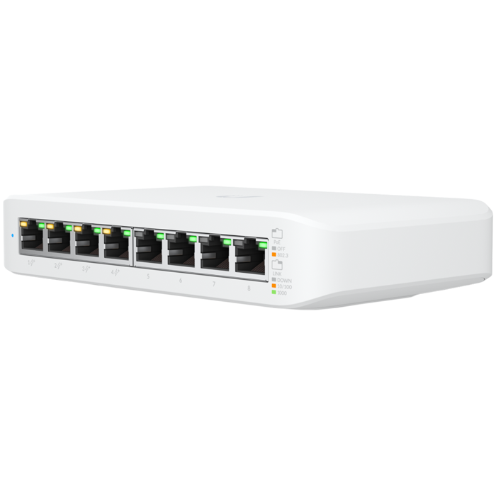 Ubiquiti USW-LITE-8-PoE 8-port Layer 2 PoE switch, 4 x GbE PoE+, 4 x GbE ports, 52W total PoE Power, silent fanless cooling, Wall mountable, Desktop