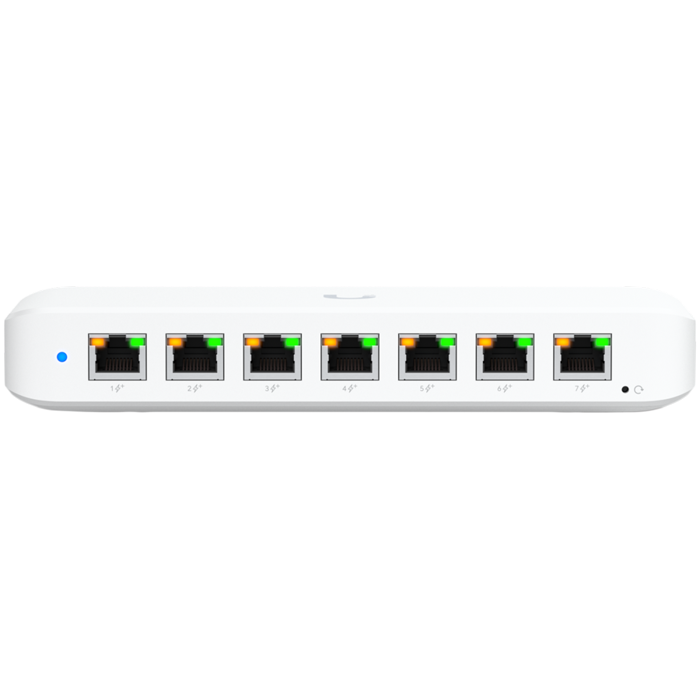 Ubiquiti USW-Ultra-210W-EU compact, Layer 2, 8-port GbE PoE switch with versatile mounting options, 7x GbE PoE+ output ports, GbE port with optional PoE++ input, 202W PoE availability with the include
