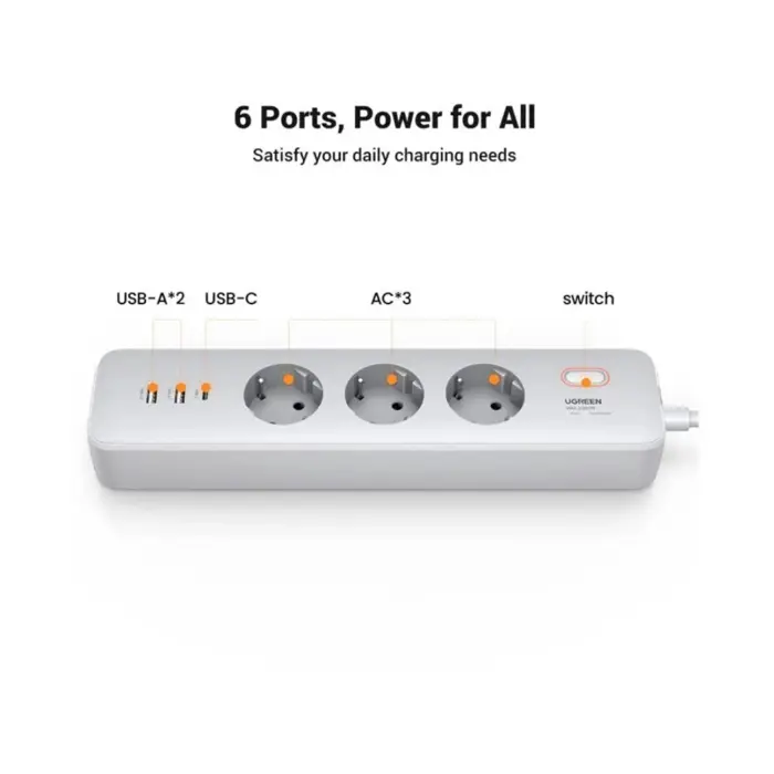 UGREEN CD286, 3x ŠUKO, Power Delivery USB-C, 2x USB-A, 2m, bijeli