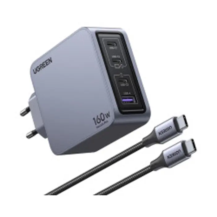 UGREEN Nexode Pro, 160W, 3x USB-C, USB-A, USB-C kabel, GaN, sivi
