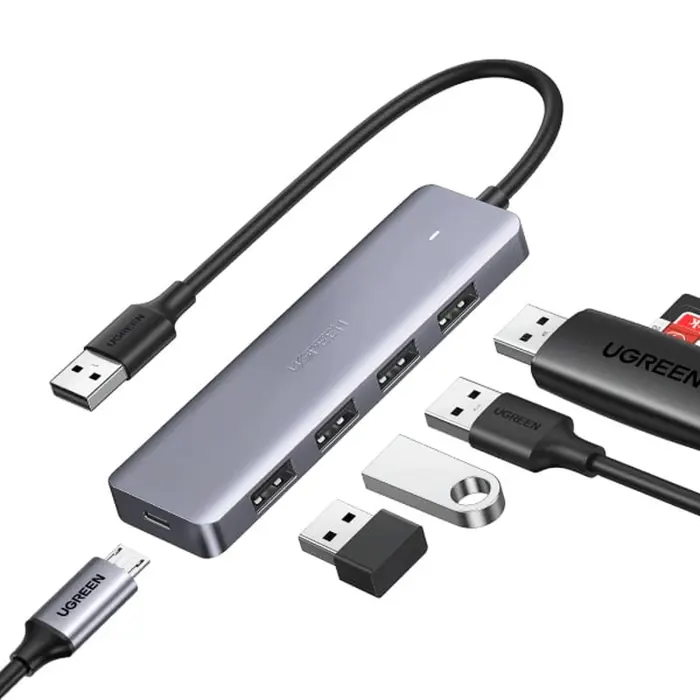 UGREEN USB Hub, USB 3.0 A, 4-portni, micro USB, sivi