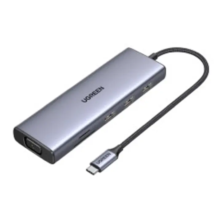 USB HUB UGREEN, USB-C na 3xUSB 3.0 A, VGA, HDMI,  RJ45 Gigabit, SD/TF, PD,3.5mm sivi