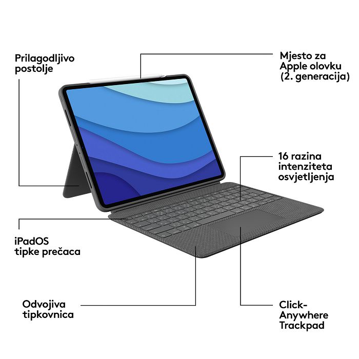 Tipkovnica LOGITECH Combo Touch, bežična, za Apple, iPad PRO 12,9", UK layout