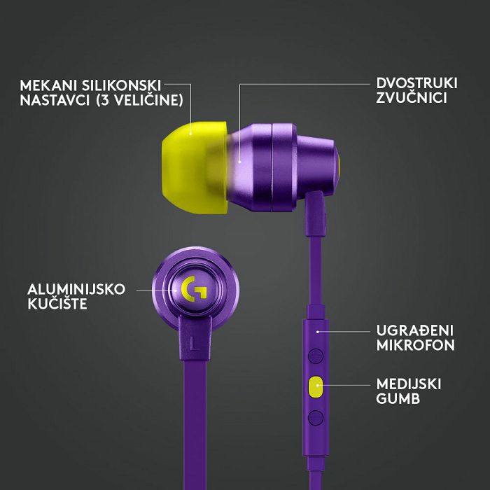 Slušalice LOGITECH Gaming G333, in-ear, adapter USB-C, ljubičaste