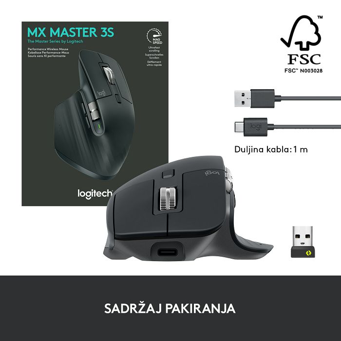 Miš LOGITECH MX Master 3S Performance, laserski, bežični, BT, Unifying receiver USB, crni