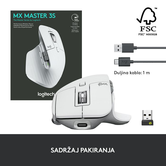 Miš LOGITECH MX Master 3S Performance, laserski, bežični, BT, Unifying receiver USB, bijeli