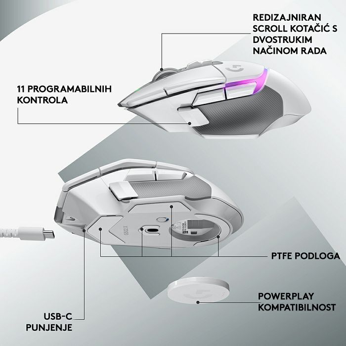 Miš LOGITECH Gaming G502 X Plus RGB, optički, 25000dpi, bežični, bijeli, USB