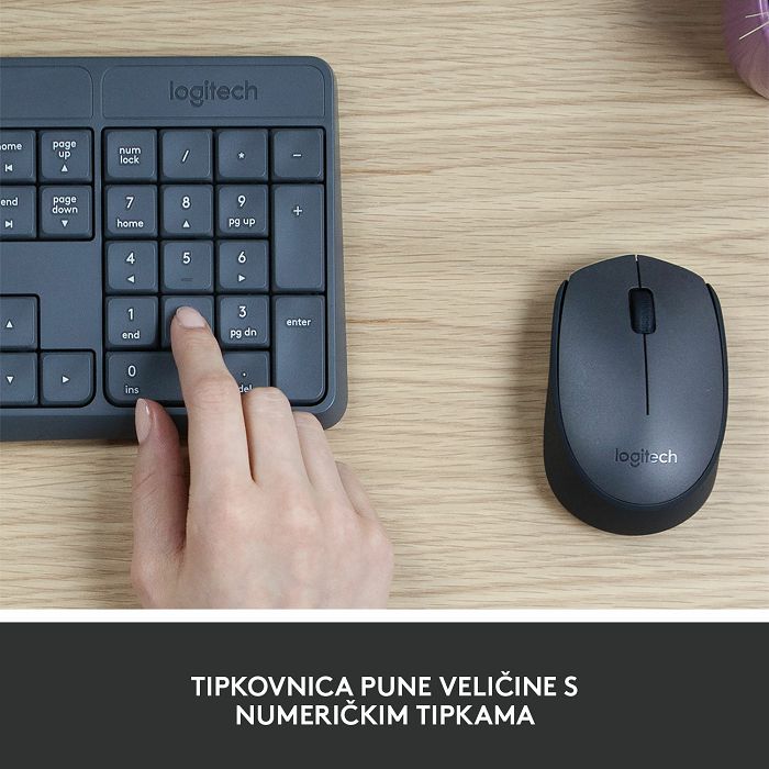 Tipkovnica + miš LOGITECH MK235 Wireless Desktop, bežična, siva, USB