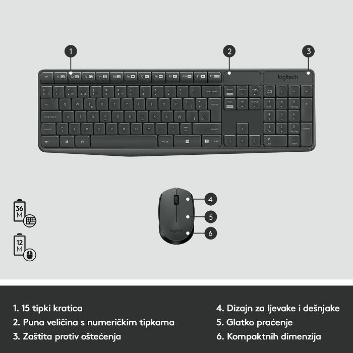 Tipkovnica + miš LOGITECH MK235 Wireless Desktop, bežična, siva, USB