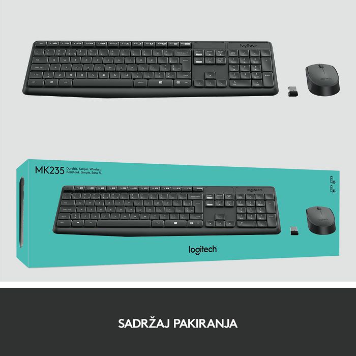 Tipkovnica + miš LOGITECH MK235 Wireless Desktop, bežična, siva, USB