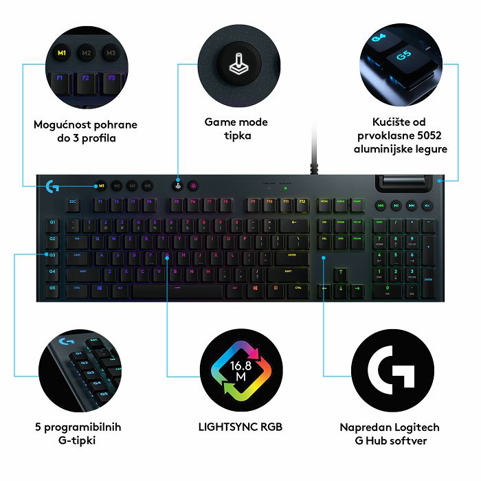 Tipkovnica LOGITECH Gaming G815 Linear, RGB, mehanička, USB, crna