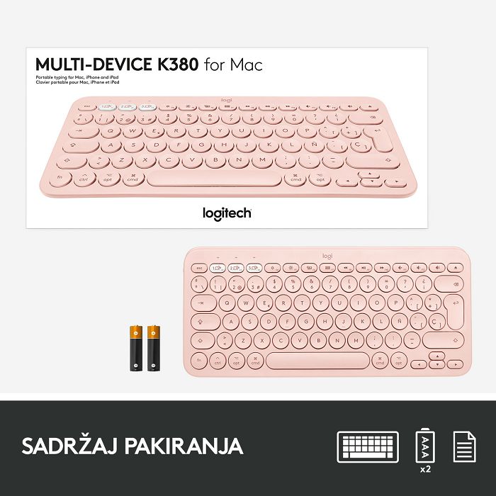 Tipkovnica LOGITECH K380 za Apple, Bluetooth, kompaktna, roza