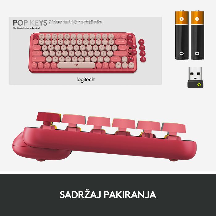 Tipkovnica LOGITECH POP Keys, mehanička, bežična, US Layout, USB, crveno/roza