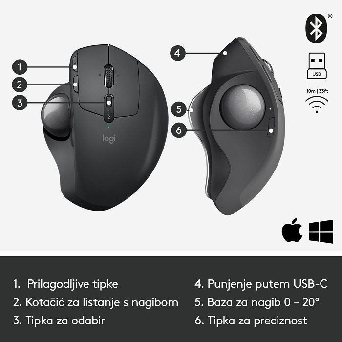 Miš LOGITECH MX Ergo, optički, trackball, bežični, USB, sivi