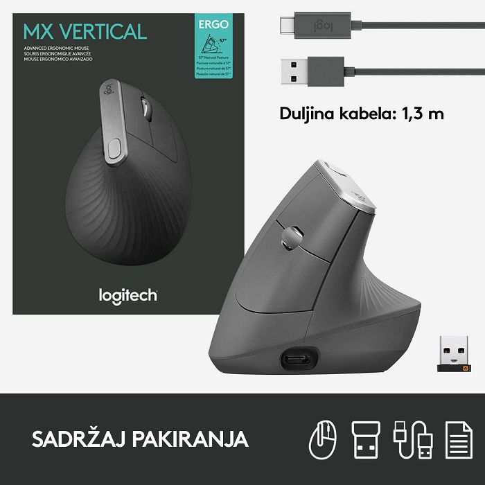 Miš LOGITECH MX Vertical Advanced Ergonomic, optički, bežični, USB, crni