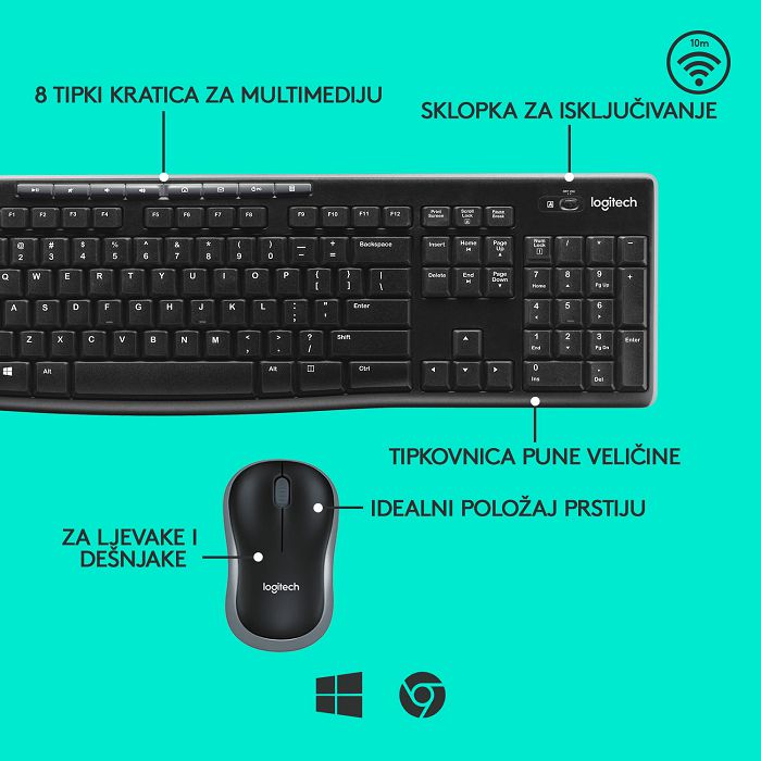 Tipkovnica + miš LOGITECH MK270 Wireless Desktop, bežična, crna, USB