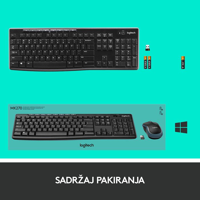 Tipkovnica + miš LOGITECH MK270 Wireless Desktop, bežična, crna, USB