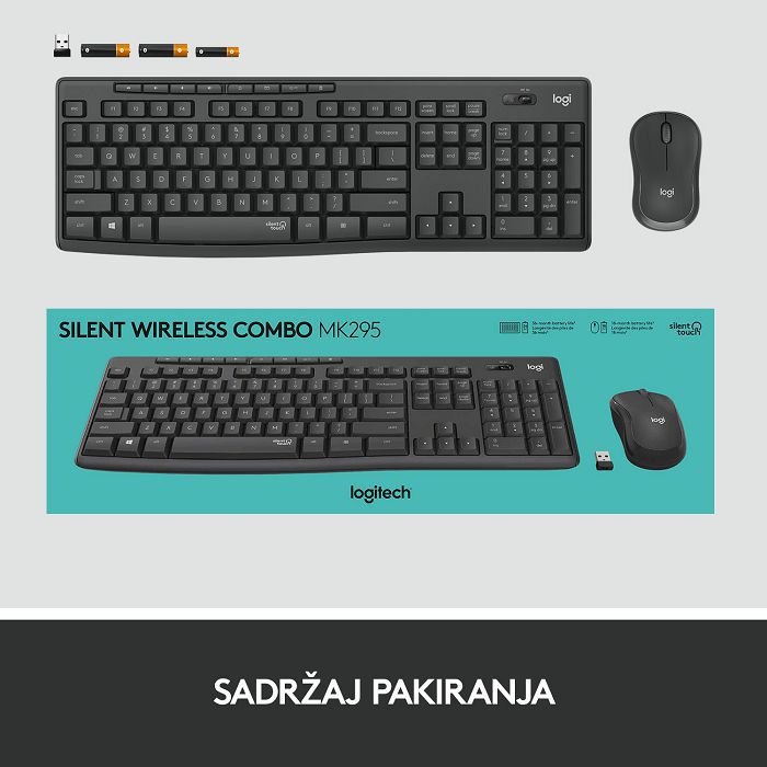 Tipkovnica + miš LOGITECH MK295 Silent Wireless Combo, bežična, crna, USB