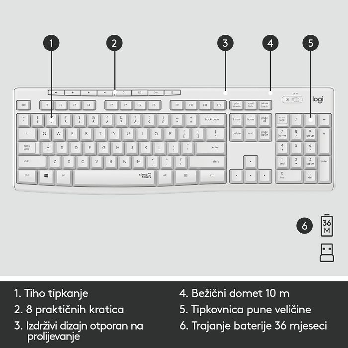 Tipkovnica + miš LOGITECH MK295 Silent Wireless Combo, bežična, bijela, USB