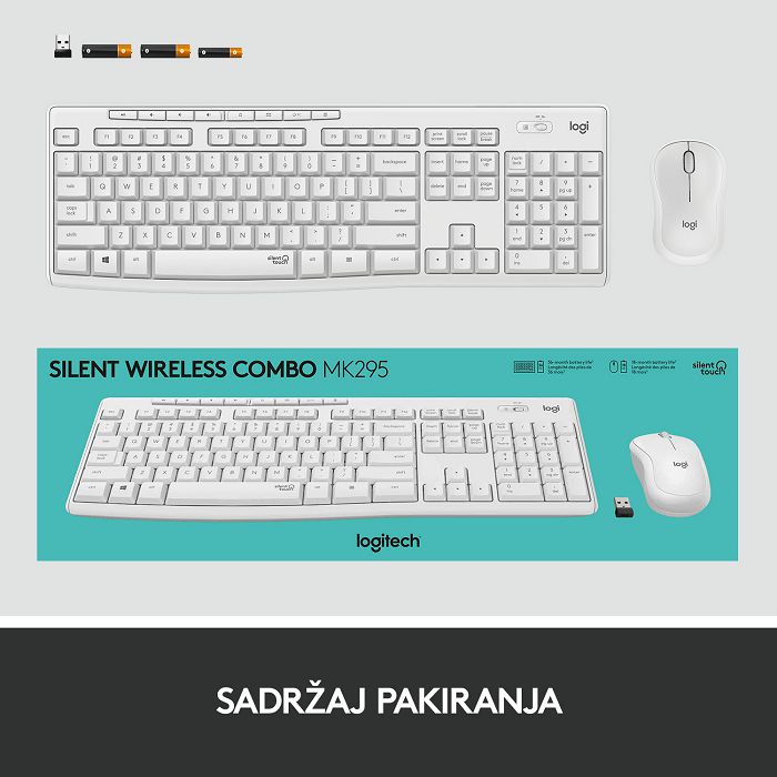 Tipkovnica + miš LOGITECH MK295 Silent Wireless Combo, bežična, bijela, USB