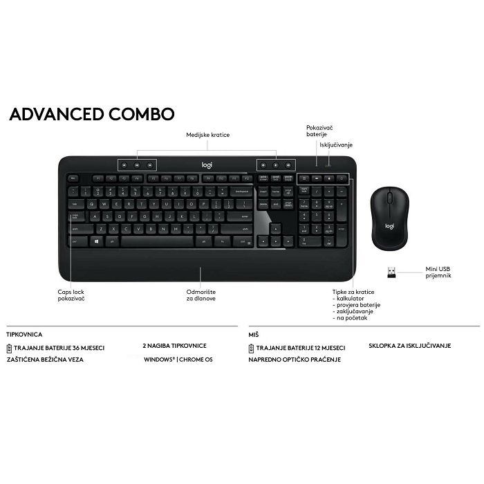 Tipkovnica + miš LOGITECH MK Advanced Combo, bežična, crna, USB, HR layout