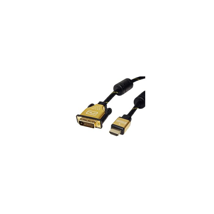 Roline GOLD DVI kabel, DVI-D (24+1) - HDMI Dual Link, M/M, UHD 4K, 2.0m, crno/zlatni