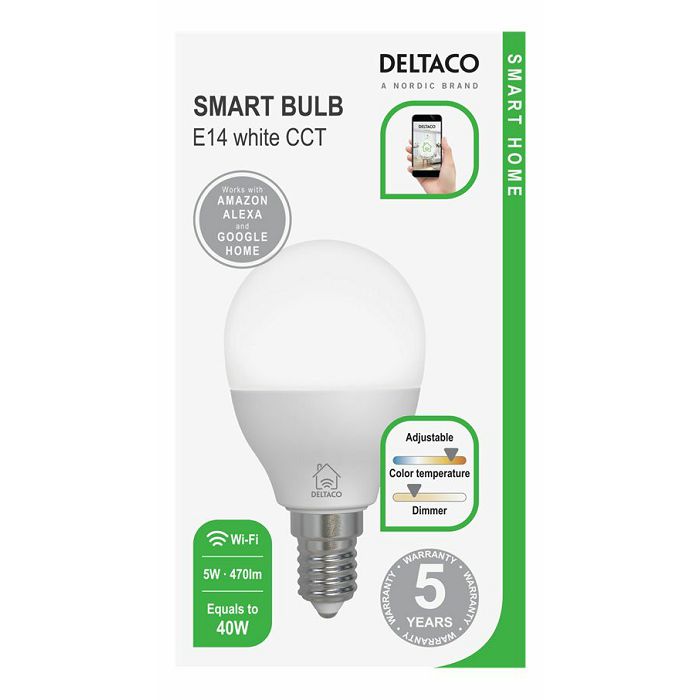 Pametna žarulja DELTACO, E14, LED, G45, 5W, 2700K-6500K, prigušivanje, bijelo svjetlo, WiFi