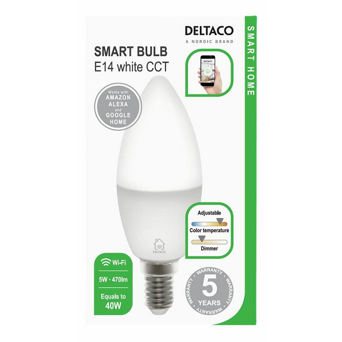 Pametna žarulja DELTACO, E14, LED, candle, 5W, 2700K-6500K, prigušivanje, bijelo svjetlo, WiFi