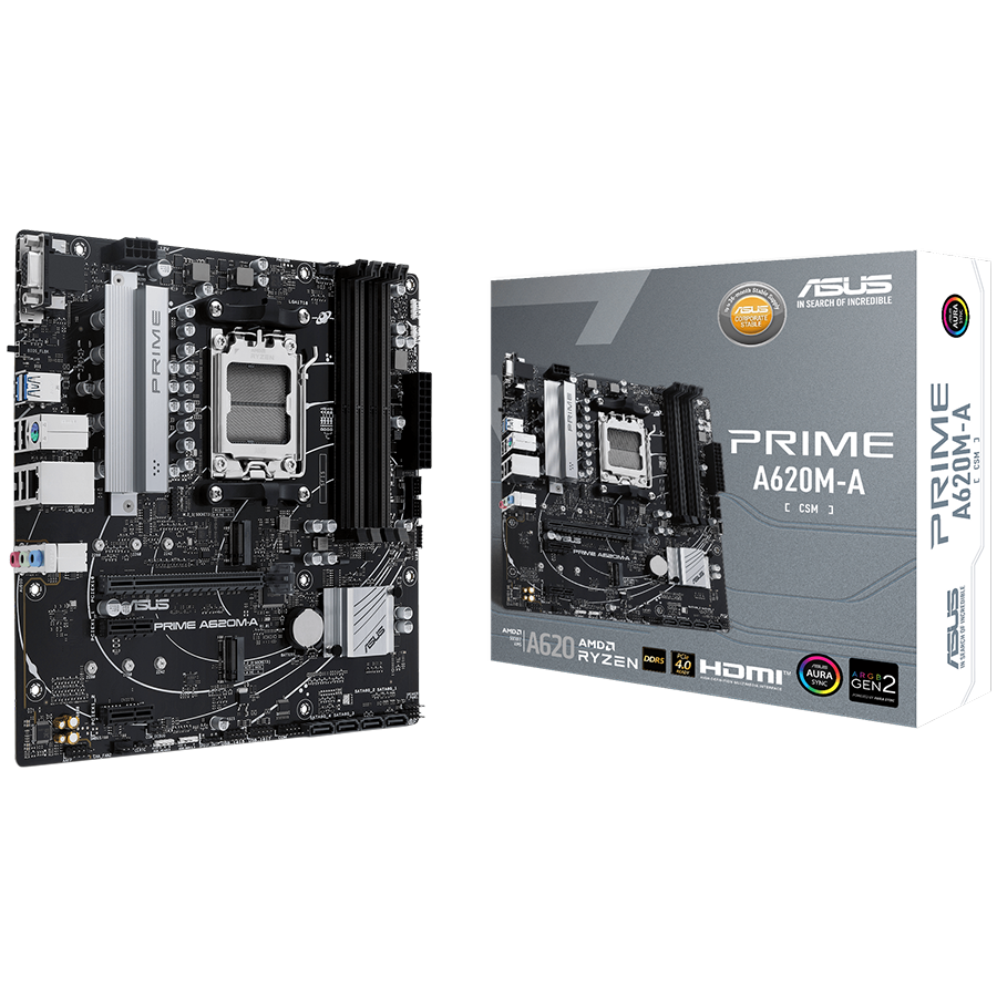ASUS PRIME A620M-A-CSM AM5 mATX MB - AMD A620 4xDIMM DDR5 2xM.2 4xSATA PCIe 4.0 1Gb Ethernet 1xD-SUB 1xDisplayPort 1xHDMI Aura Sync RGB Lighting - 90MB1F10-M0EAYC-A