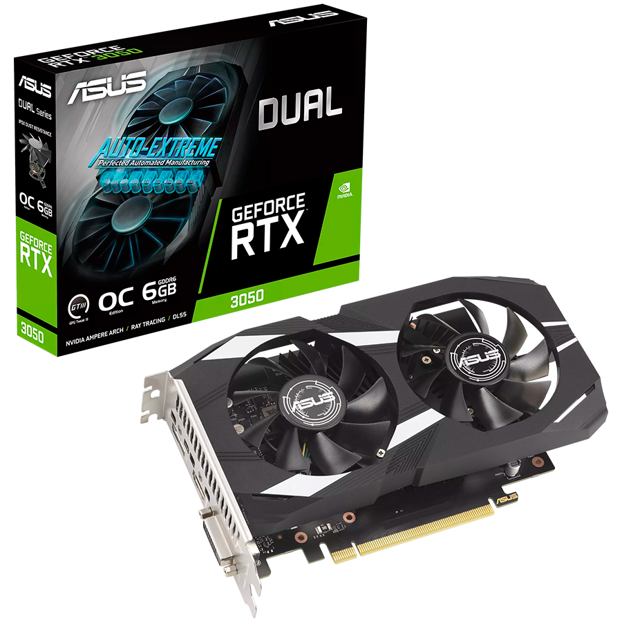 ASUS Dual GeForce RTX 3050 OC Edition 6GB GDDR6 grafična kartica with two powerful fans AAA gaming performance and ray tracing, PCIe 4.0, 1xDVI-D, 1xHDMI 2.1, 1xDisplayPort 1.4a - 90YV0K60-M0NA00-A